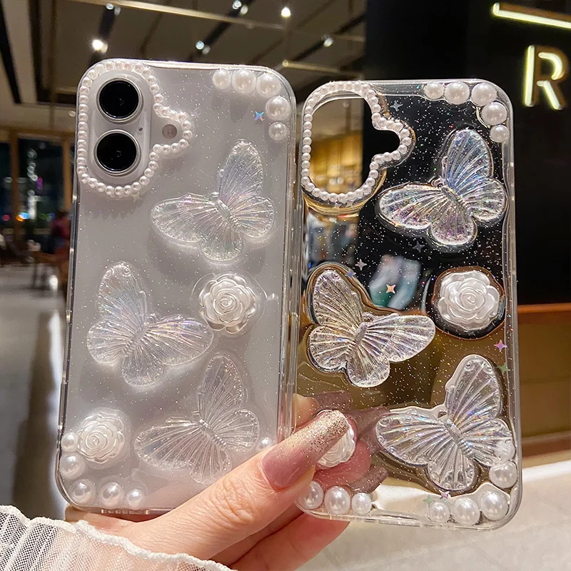 Clear Glitter Laser Butterfly Flower Pearls Case for IPhone 16 15 14 13 12 Pro Max 16pro Epoxy Silicone Shockproof Cover Caque