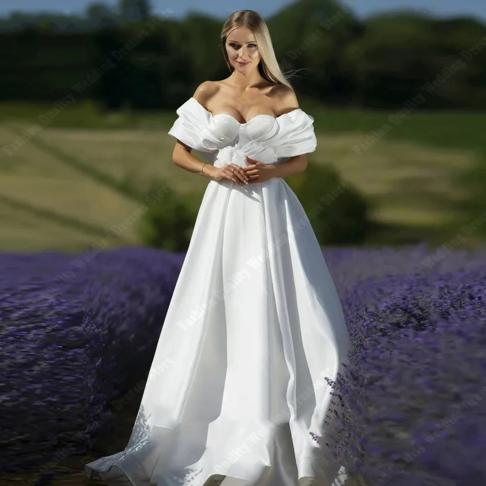 فساتين زفاف أنيقة بدون أكتاف بدون أكمام للنساء مثيرة على شكل حرف a من الساتان زي العرائس طول تنظيف الكرة Vestidos De Novias 2025