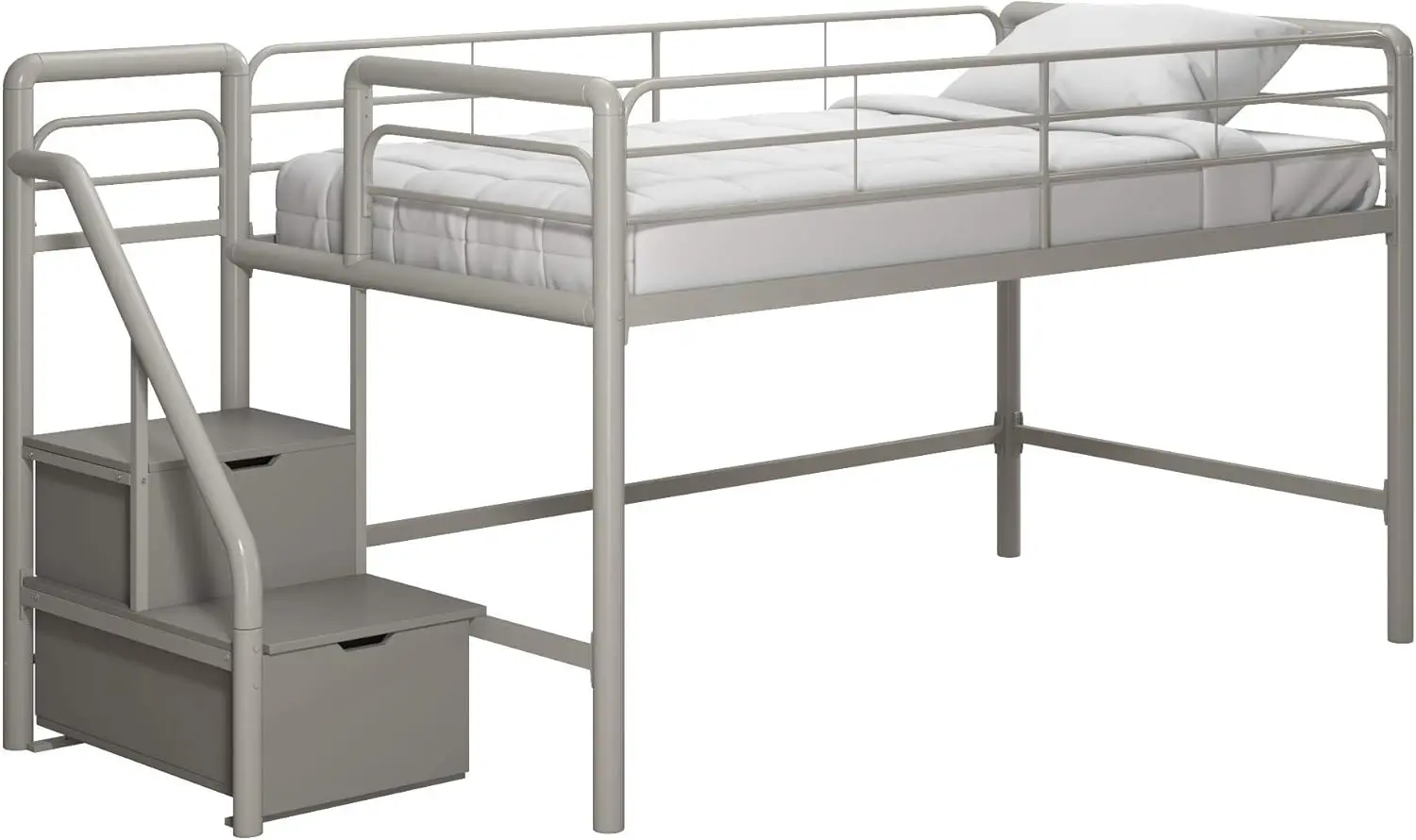 Junior Twin Metalen Loft Bed Met Opbergstappen, Multifunctionele Ruimtebesparende Oplossing-Zilver Met Grijze Treden