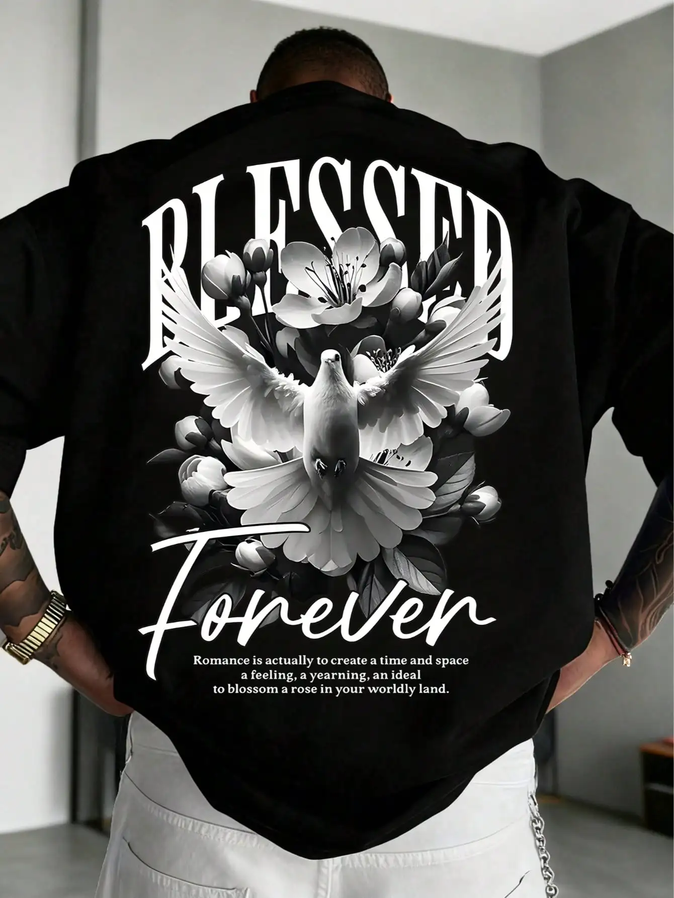 

Men's Black Graphic Print Short Sleeve T-Shirt with Dove and Floral Design