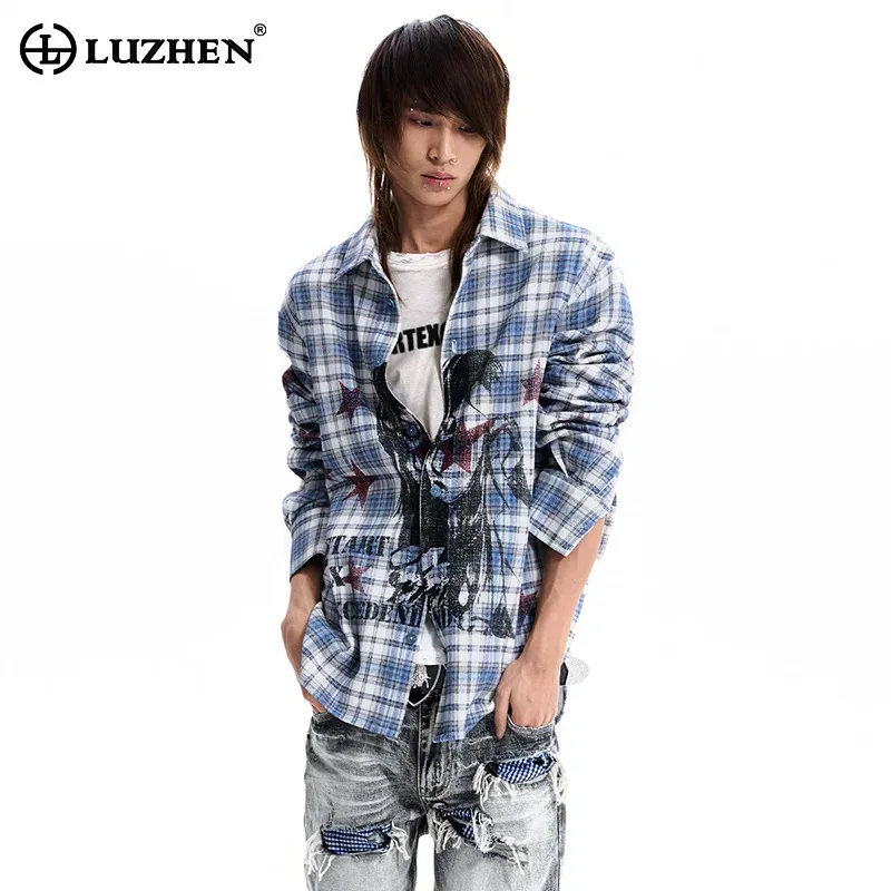 LUZHEN 2026 New Trendy Checked Pirnted Pentagram Pattern Long Sleeve Shirts Men's Handsome Loose Casual Male Tops Clothes JY9198