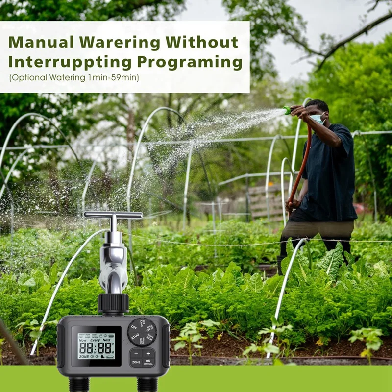 Temporizador de riego programable de 2 vías para invernadero, sistema de riego automático con grifo de manguera para césped con válvula controladora de goteo