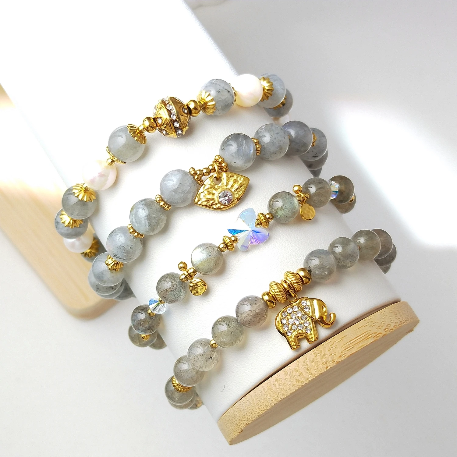 Lii Ji Natural Stone Labradorite 6/8mm With Crystal Stainless Steel Elastic Bracelet