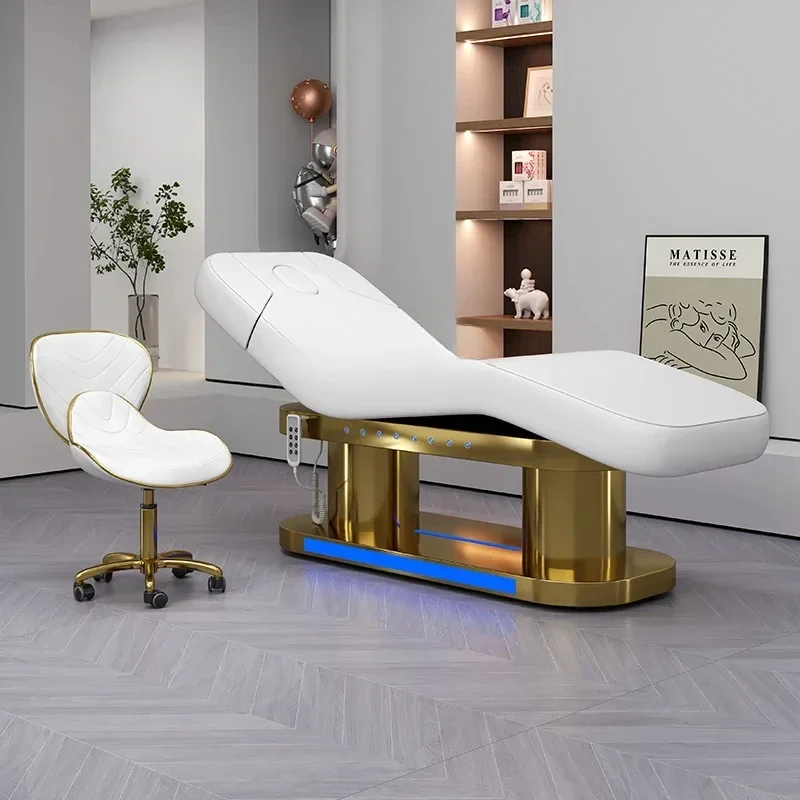 Divano da massaggio con ascensore elettrico in acciaio inossidabile placcato oro per lettino per la cura del tatuaggio con luce a LED per salone di bellezza