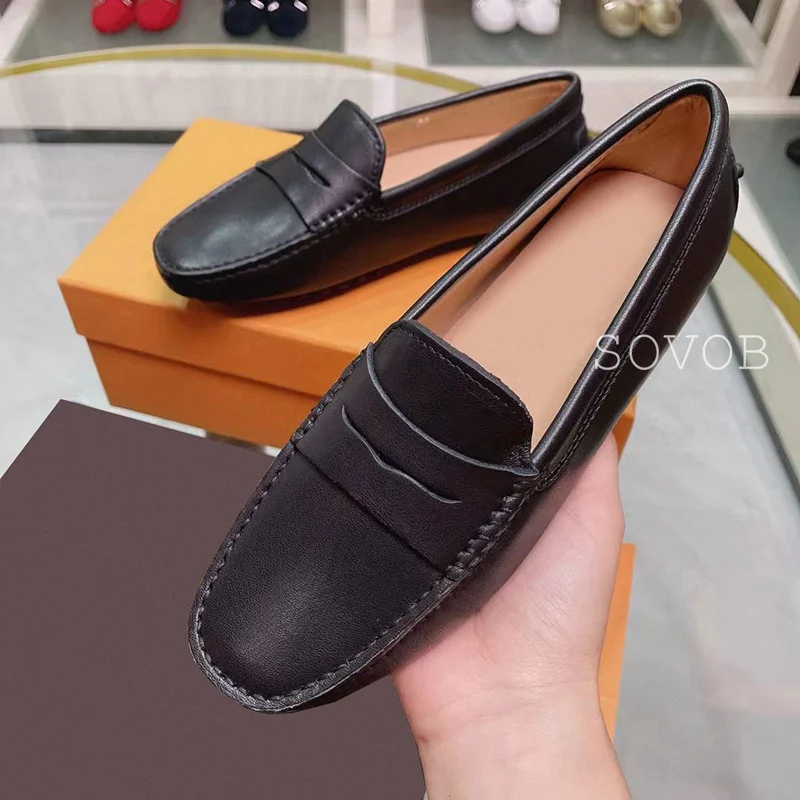 Spring Autumn Genuine Leather Round Toe Flat Shoes for Women\'s Shallow Mouth Solid Color Loafers Casual Versatile Bean Shoes