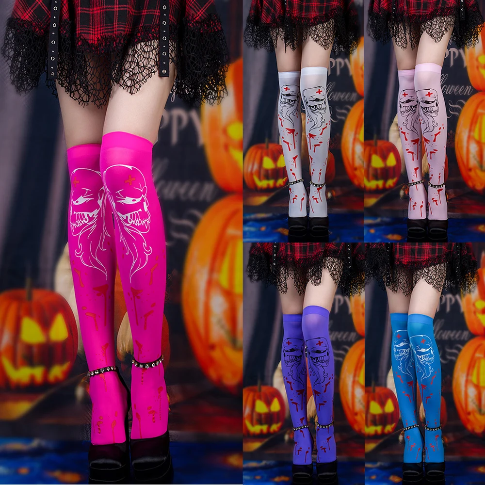 Y2k Women Sexy Thigh High Stockings Halloween Easter Nurse Skeleton Blood Socks Skull Long Socks Funny Thin Party Stretchy Socks