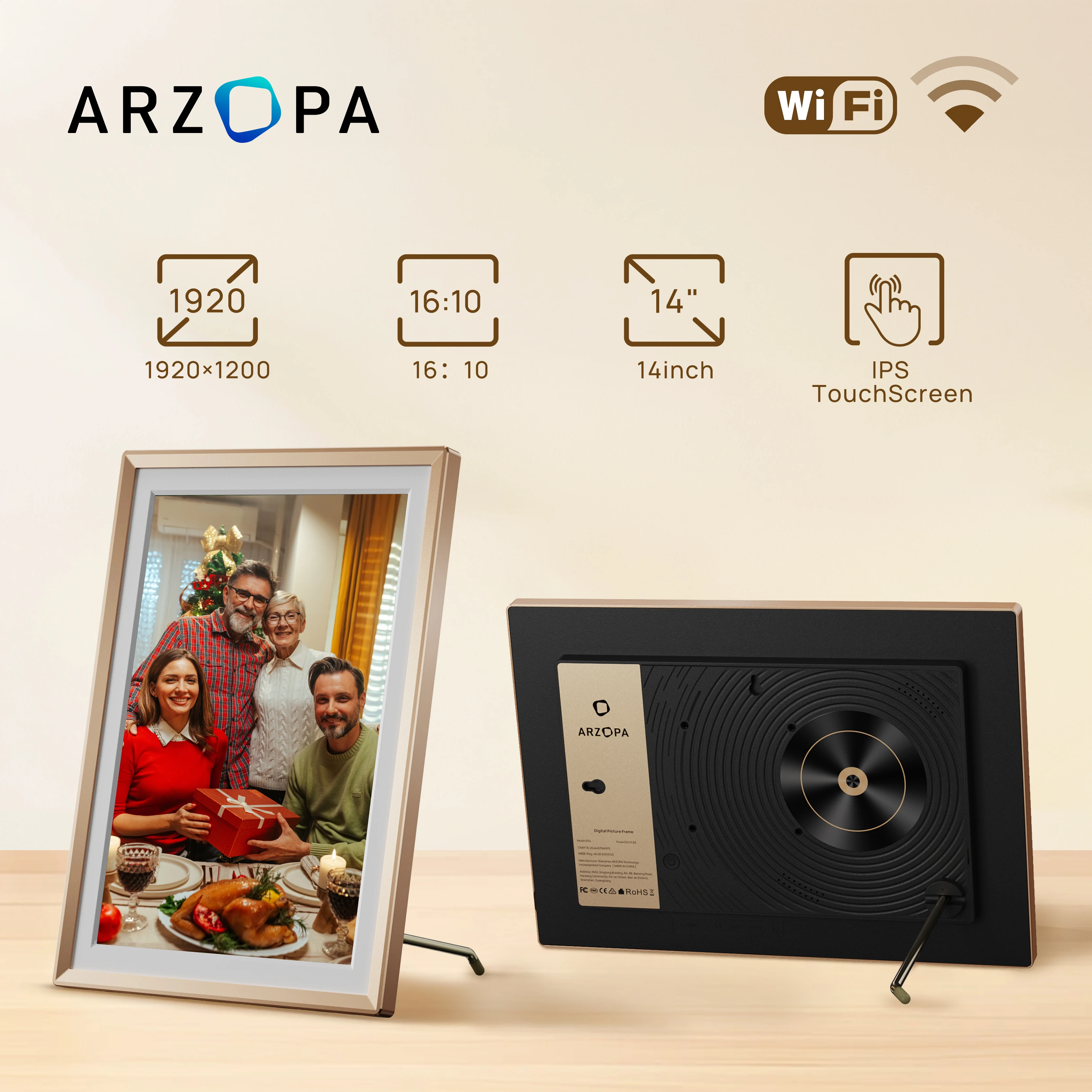 ARZOPA 14 pouces cadre Photo numérique illimité stockage en nuage gratuit WiFi IPS HD écran tactile partager à distance photos vidéo Rotation automatique