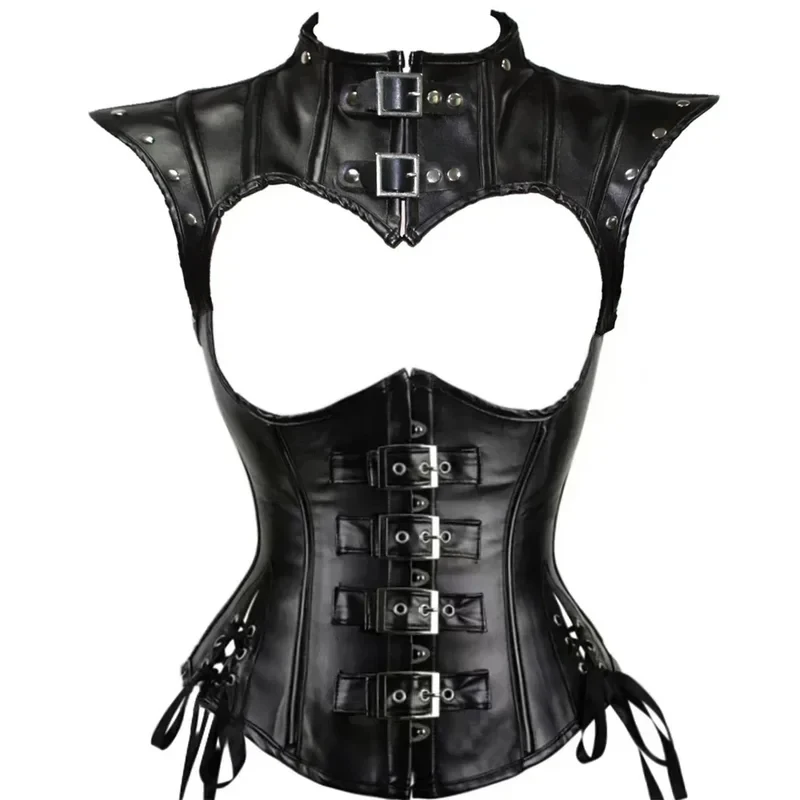 

Faux Leather Corset Set Women's Steampunk Gothic Cosplay Game Armor Outfit Sexy Bustier Tops Nightclub Rave Costume