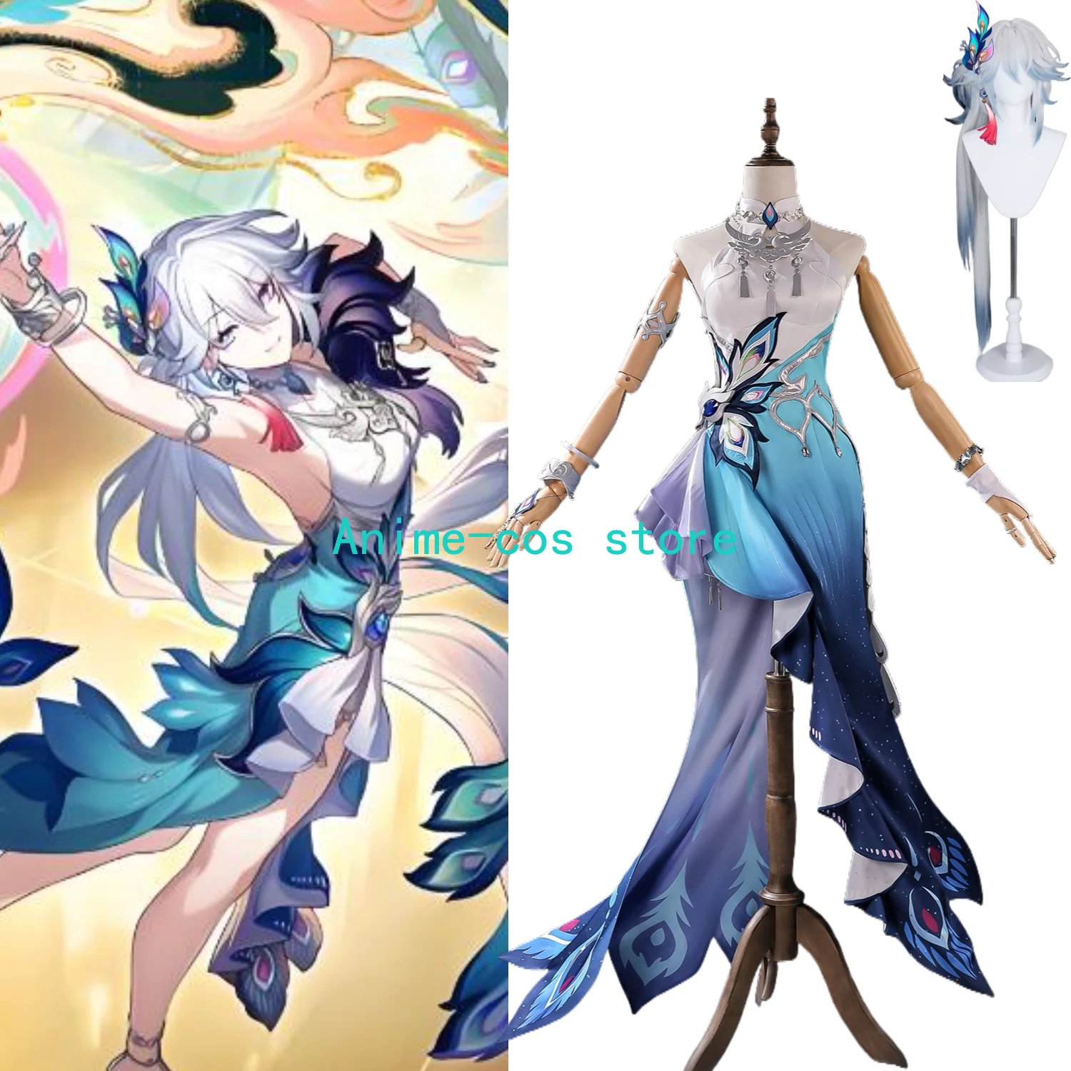 

Yao Guang Cosplay Costume for Honkai Star Rail Women's Elegant Blue Traditional Qipao Hanfu Set White Wig Shawl Accessories