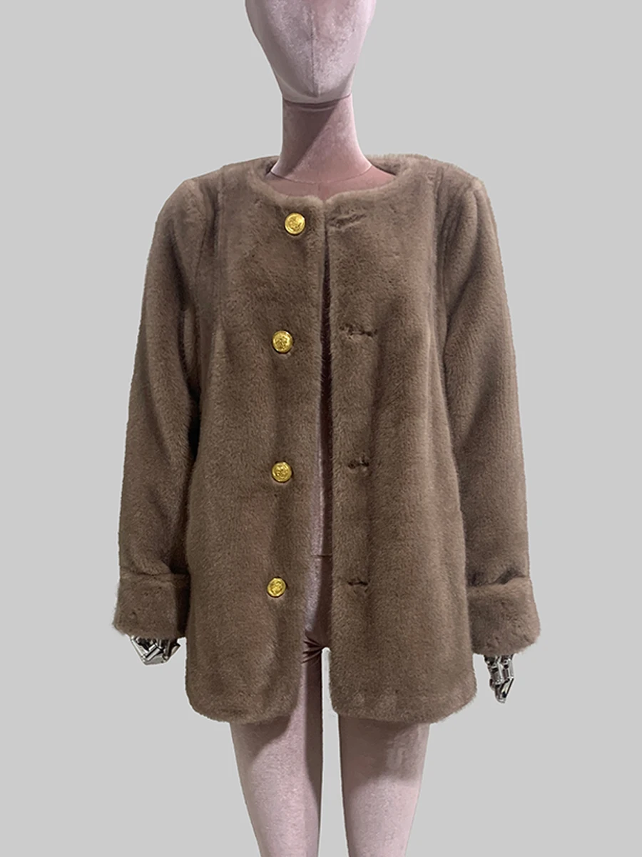 Nerazzurri Autumn Winter Thick Warm Soft Faux Mink Fur Coat Women Long Sleeve Gold Buttons Elegant Luxury Chic Fluffy Jacket