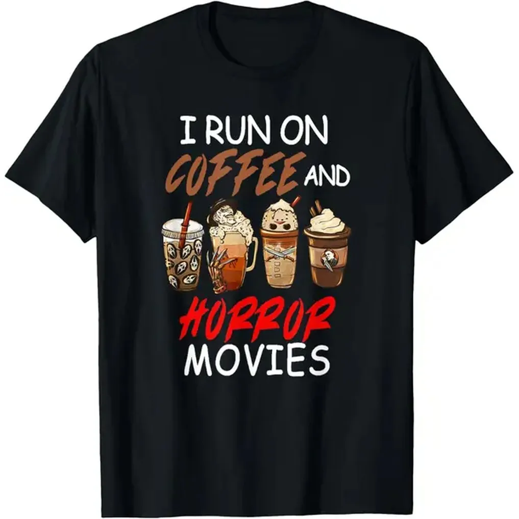 I Run on Coffee And Horror Movies Scary Blood Halloween Summer Casual Shortsleeve Cotton T-Shirt