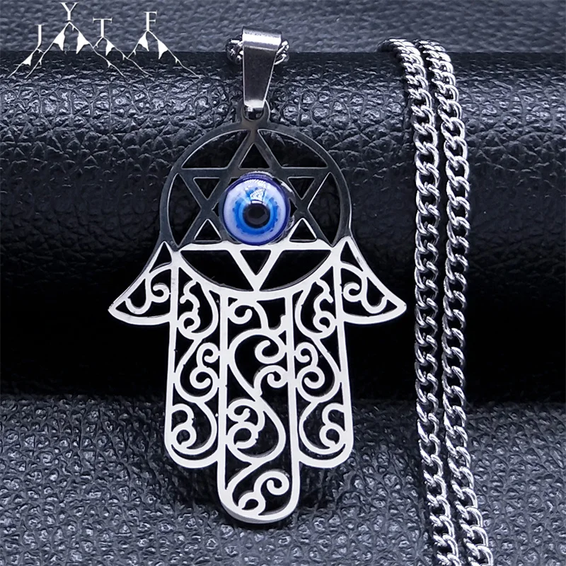 Hamsa Hand Magen David Star Turkey Blue Evil Eyes Necklace Silver Color Stainless Steel Carved Hollow Necklaces Jewelry 8053S05