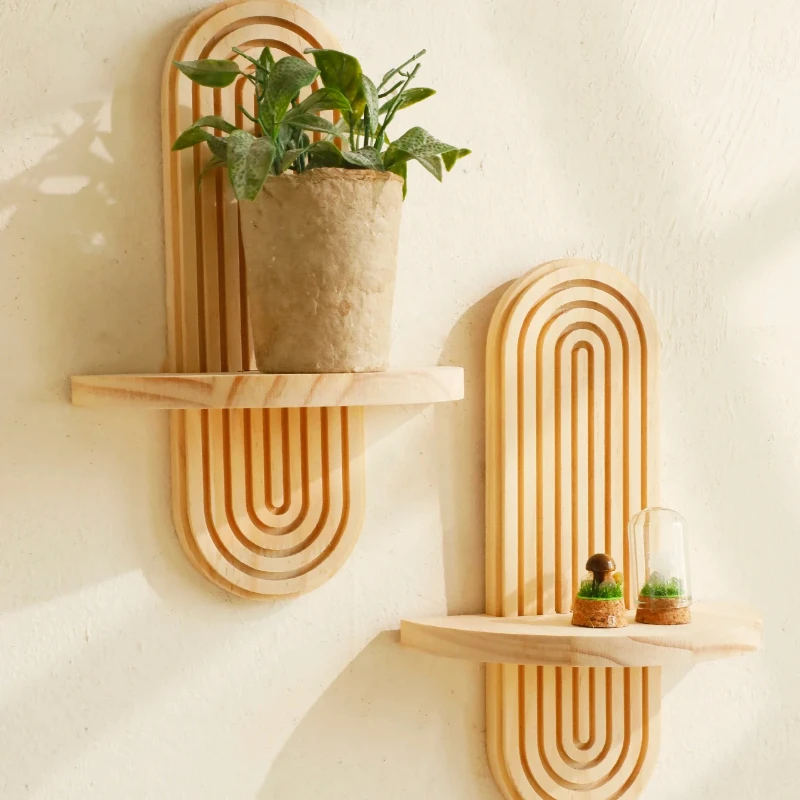 أرفف حائط خشبية على طراز بوهو من طبقتين - أرفف مثبتة على الحائط هندسية، لمسة نهائية من الخشب الطبيعي، ديكور منزلي حديث، ديكور نباتي