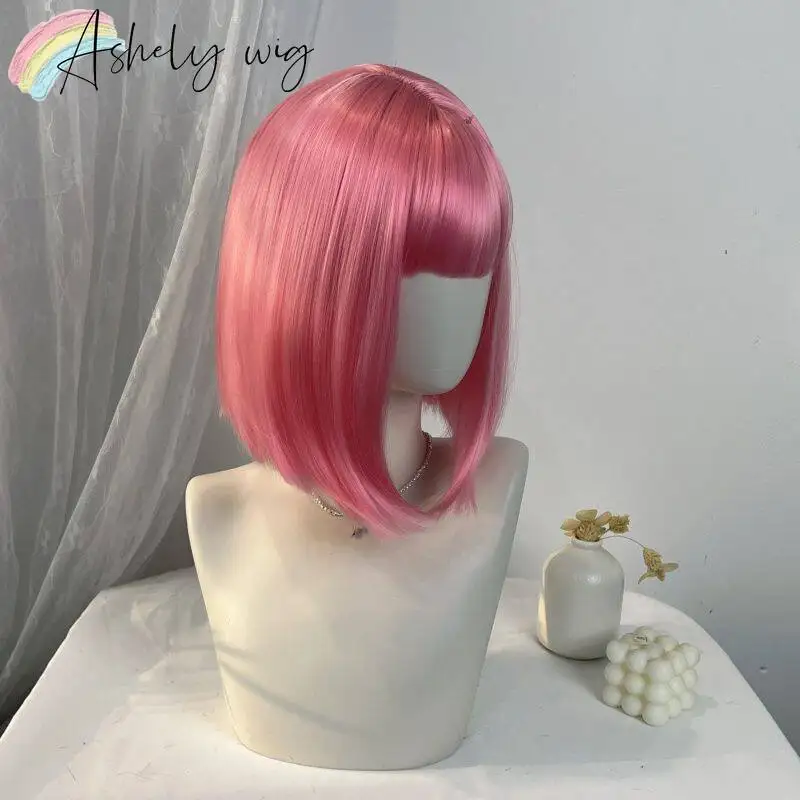 Pink Wig with Bangs 12inch Short Bob Wig Cute Straight Wigs High Temperature Fibers Shining Lolita Synthetic Wigs for Cosplay