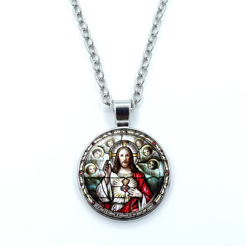 Sacred Heart of Jesus Patterns Necklace for Women Jewelry Cabochon Glass Pendant Fashion Statement Crystal Necklace Wholesale