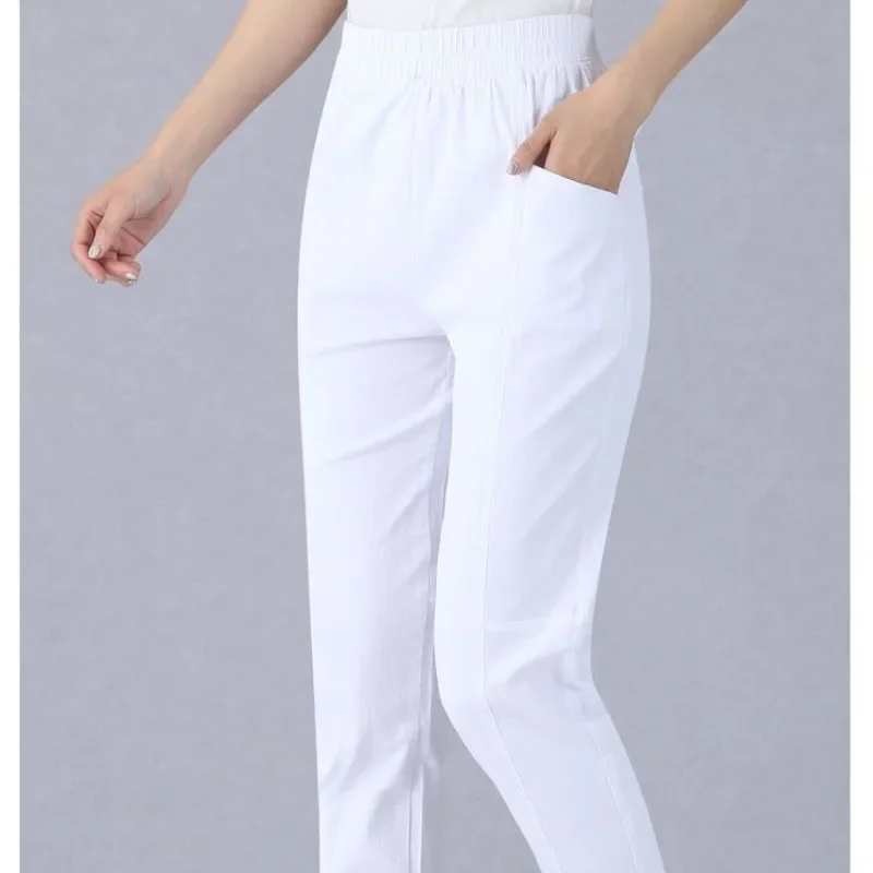 Spring Autumn Women\'s Clothing Solid Color High Waist Pockets Elastic Casual Elegant Trouser Suits Trousers Straight Pants