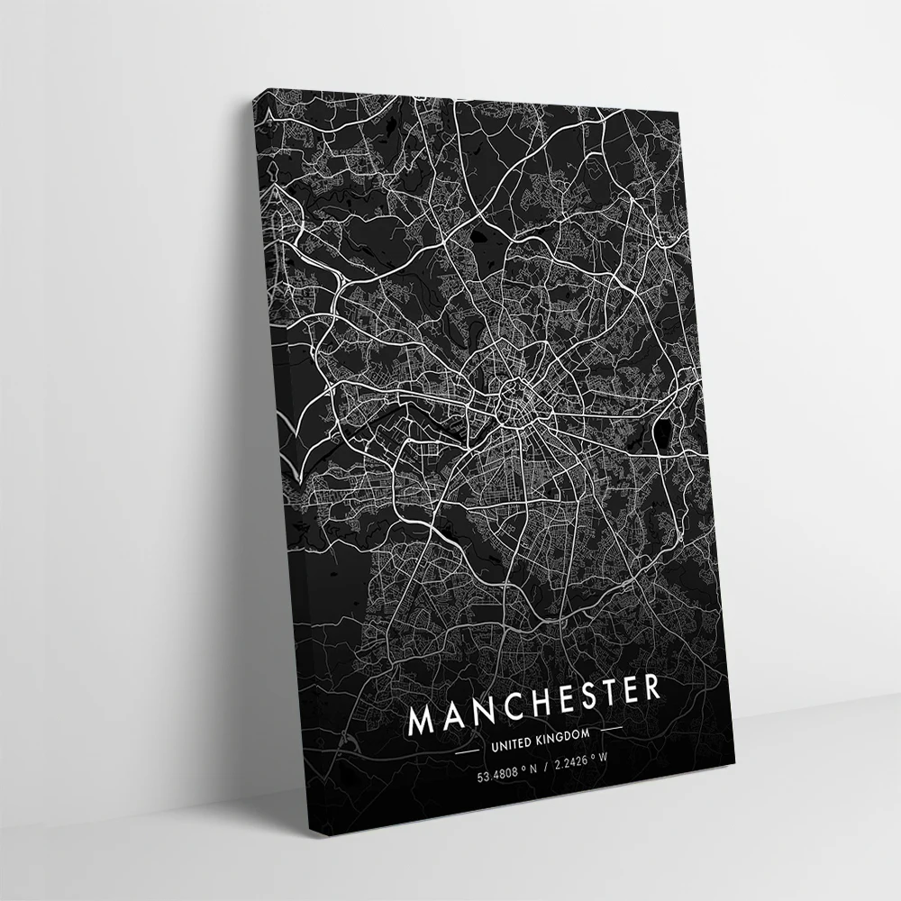 مانشستر مدينة خريطة الطباعة الداكنة ملصق تخصيص صور الرسم على لوحات القماش الجدارية هدية للحمام ديكور غرفة العصا ديكو
