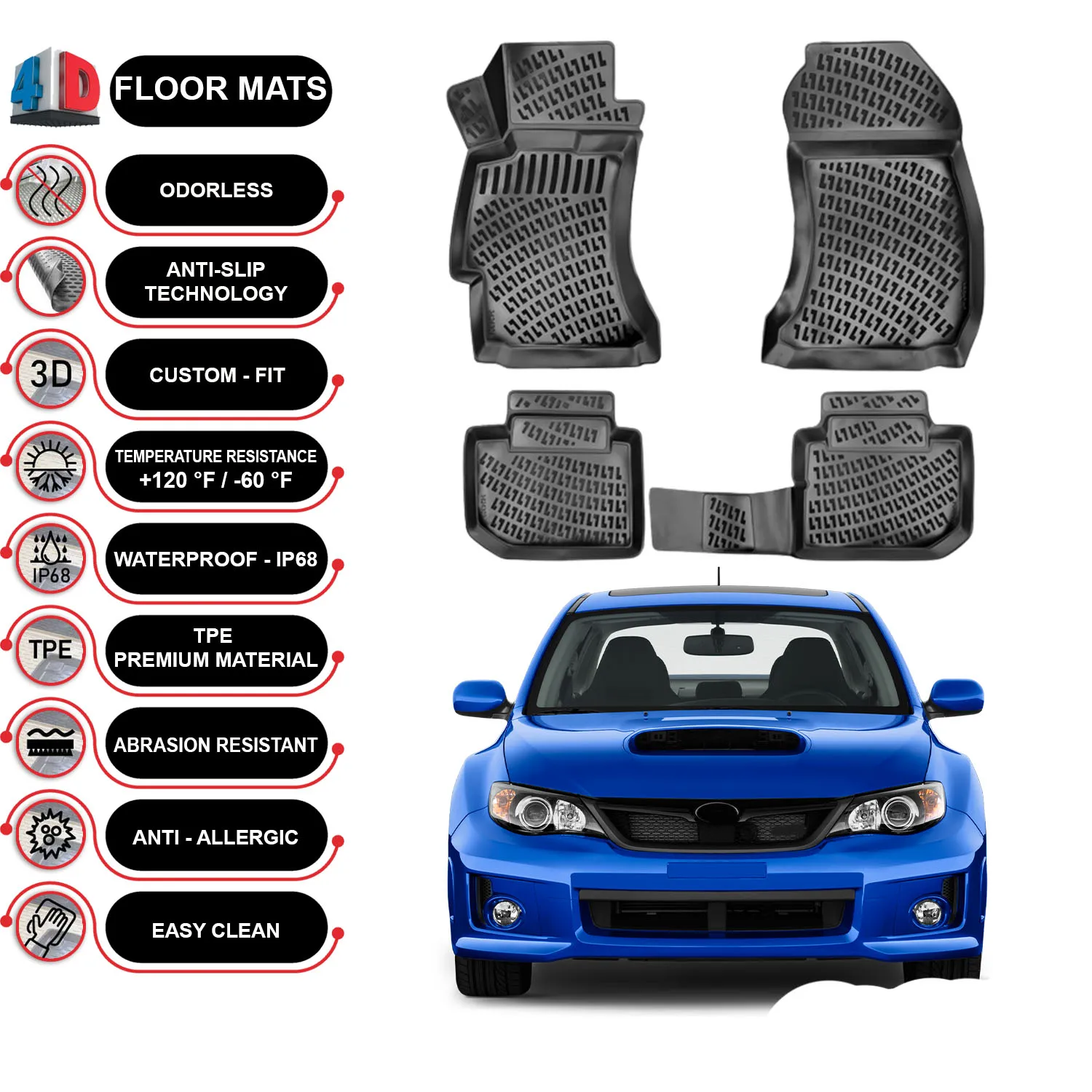 Subaru Impreza - (2008-2022) Floor Mats Liner Waterproof 3D - (Black)