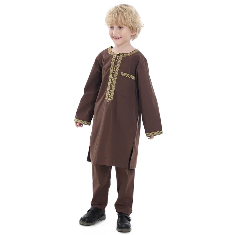 Robe musulmane pour enfants, ensemble 2 pièces, col rond, manches longues, robe imprimée, chemise Abaya Kaftan Jubba Thobe, vêtements islamiques