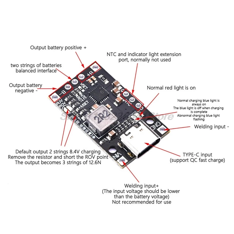 Type-C USB 2-3S BMS 15W 8.4V 12.6V 1.5A Lithium Battery Charging Boost Module With Balanced Support Fast Charge With Indicator