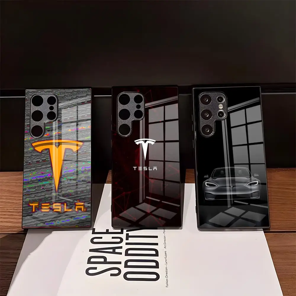 T-Teslaes Auto-Logo Handyhülle für Samsung S26 Ultra S25 Edge Ultra S23 S22 S21 Ultra Plus S24 Fe A57 A37 Glasabdeckung