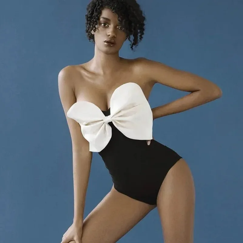 One Piece Swimsuit For Women European And American Swimwear Black And White Tube Top Bow One-piece Swimsuit Wholesale