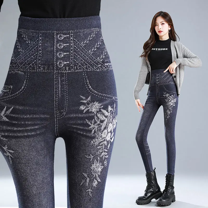 Printing High Waist Widen Imitation Denim Pencil Pants Women New Spring Autumn High Elasticity Elastic Waist Aesthetic Trousers