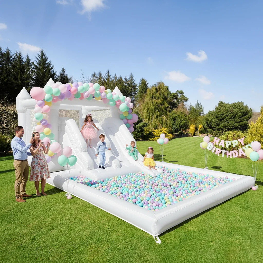 Casa gonfiabile bianca grande da 19 piedi per feste per bambini con doppio scivolo e castello gonfiabile Oxford con personalizzazione Big Ball PIt