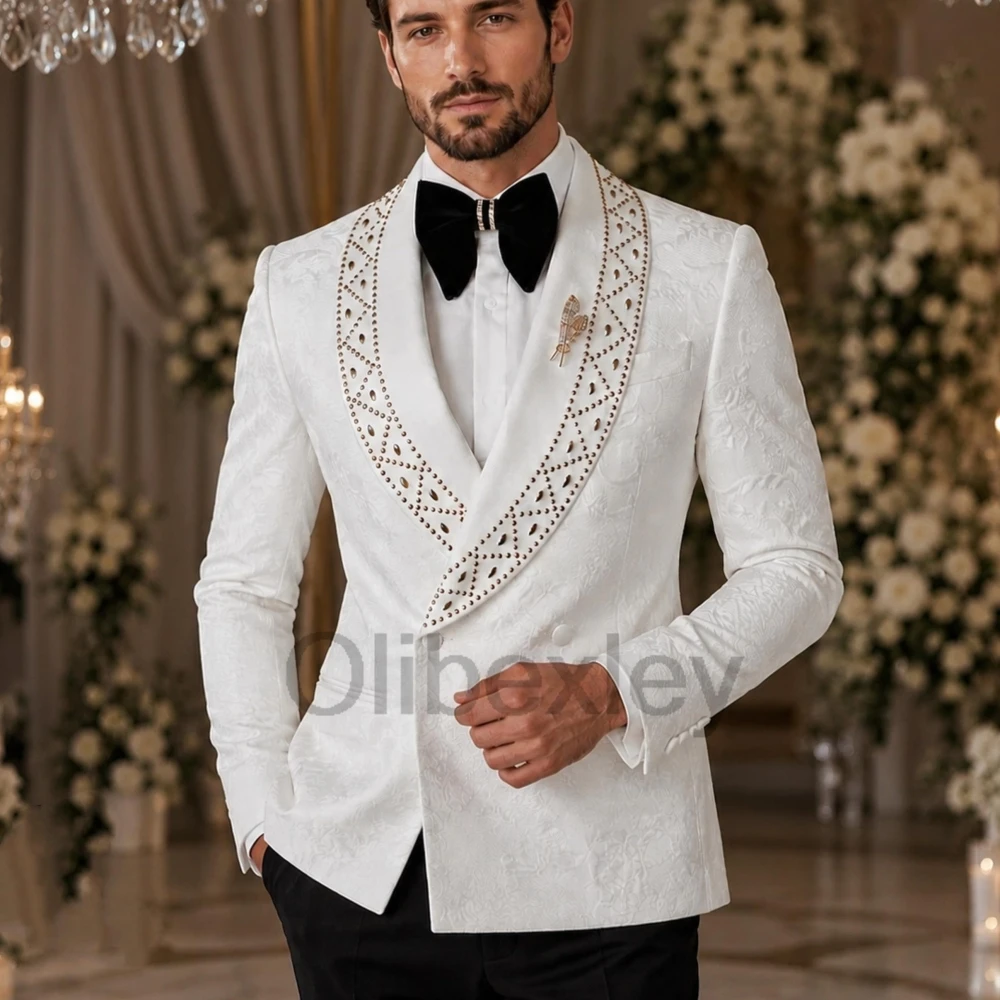 Olibexley White Diamond Beaded Men Suits 2 Pieces Sets Groom Wedding Tuxedos Male Prom Blazer Disfraz Hombre Customized S348