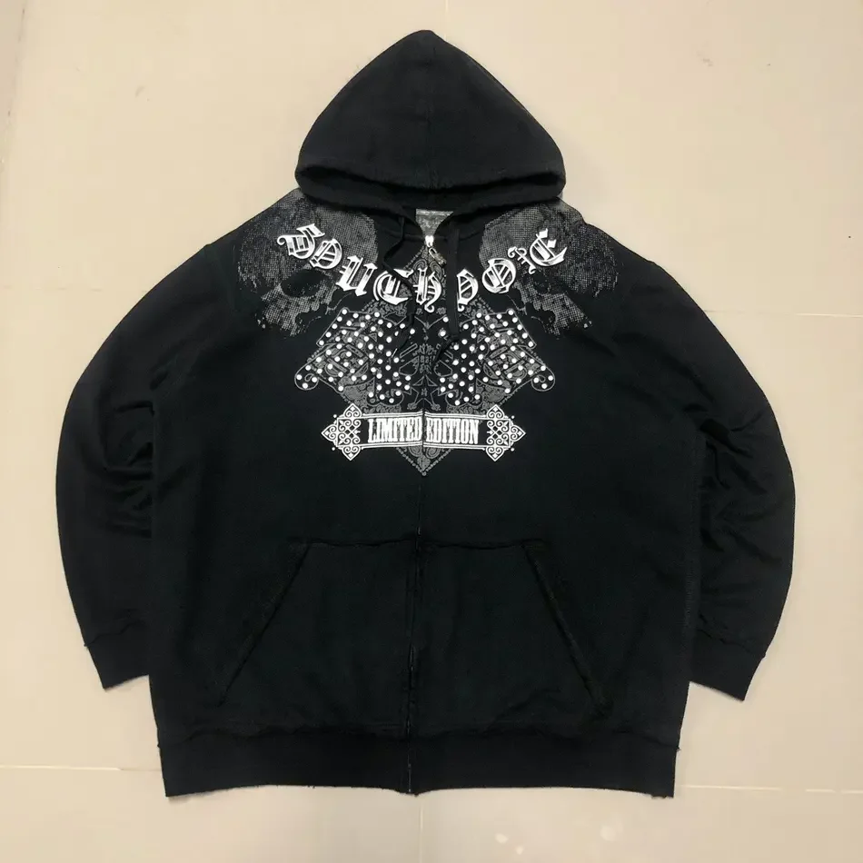 

2000s American Casual Sweatshirt Harajuku Oversized Print Fashion Zipper Cardigan Gothic Street Hip-Hop Loose Hoodie