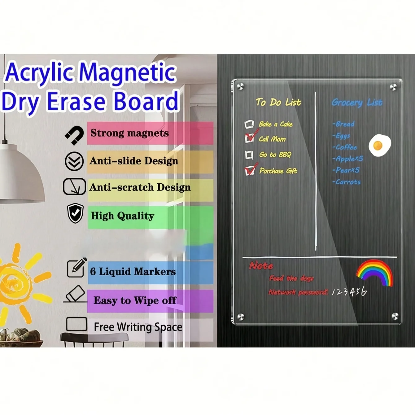 Acrylic Magnetic Planning Board, Clear Dry Erase Weekly Monthly Planner for Fridge, Memo Board with 6 Markers for Daily Notes