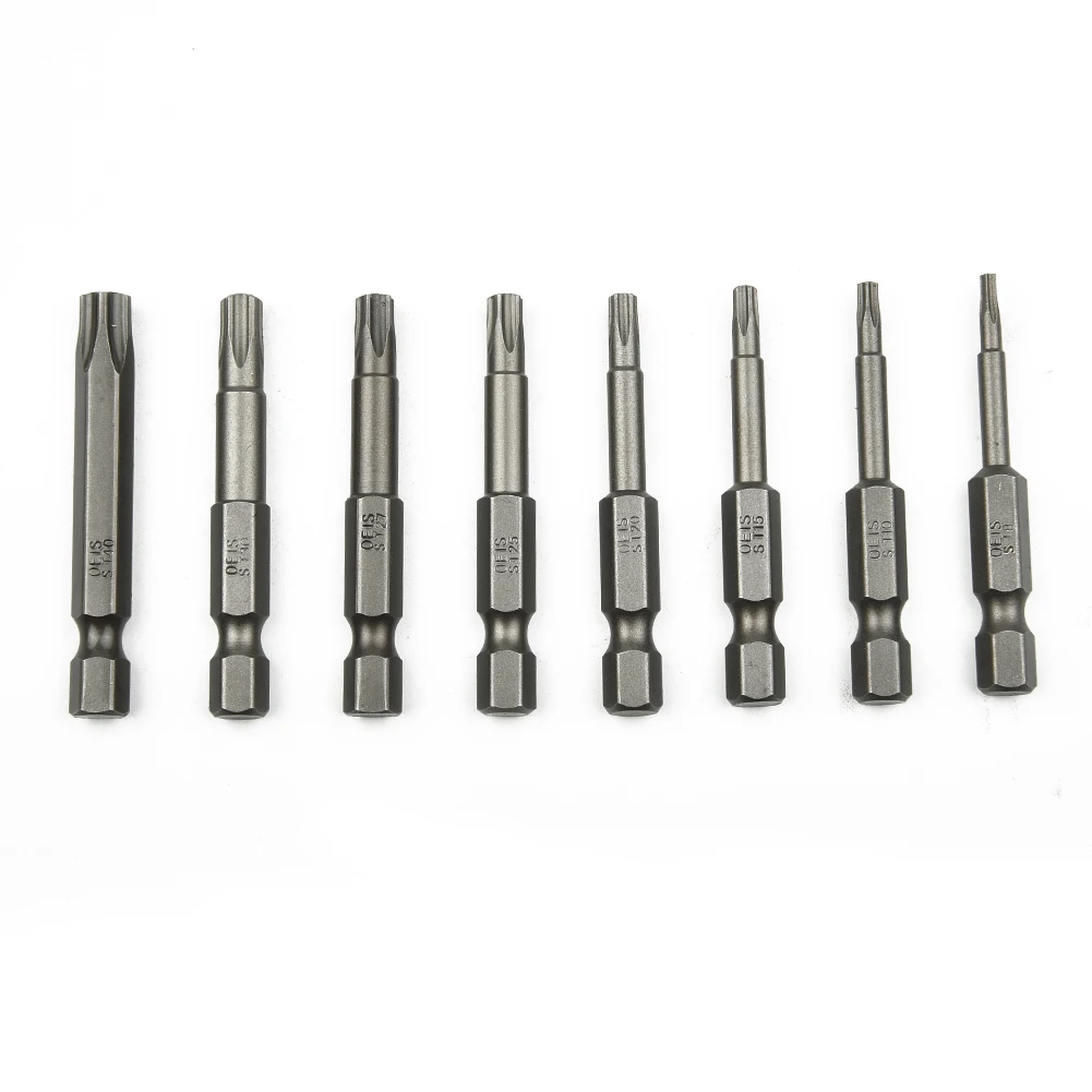 8pcs 50mm 5 Point To/rx Drive Bit Set 1/4" Hex Shank Electric Screwdriver Bit Kit T8-T40 Power Tools With Center Hole