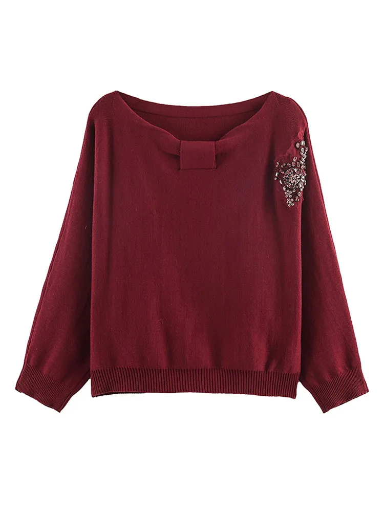 

HH Trendy Woman's Spring Loose O-Neck Sweater Solid Rhinestone Asymmetrical Decorative Tops Women Fashion Long Sleeves Pullovers