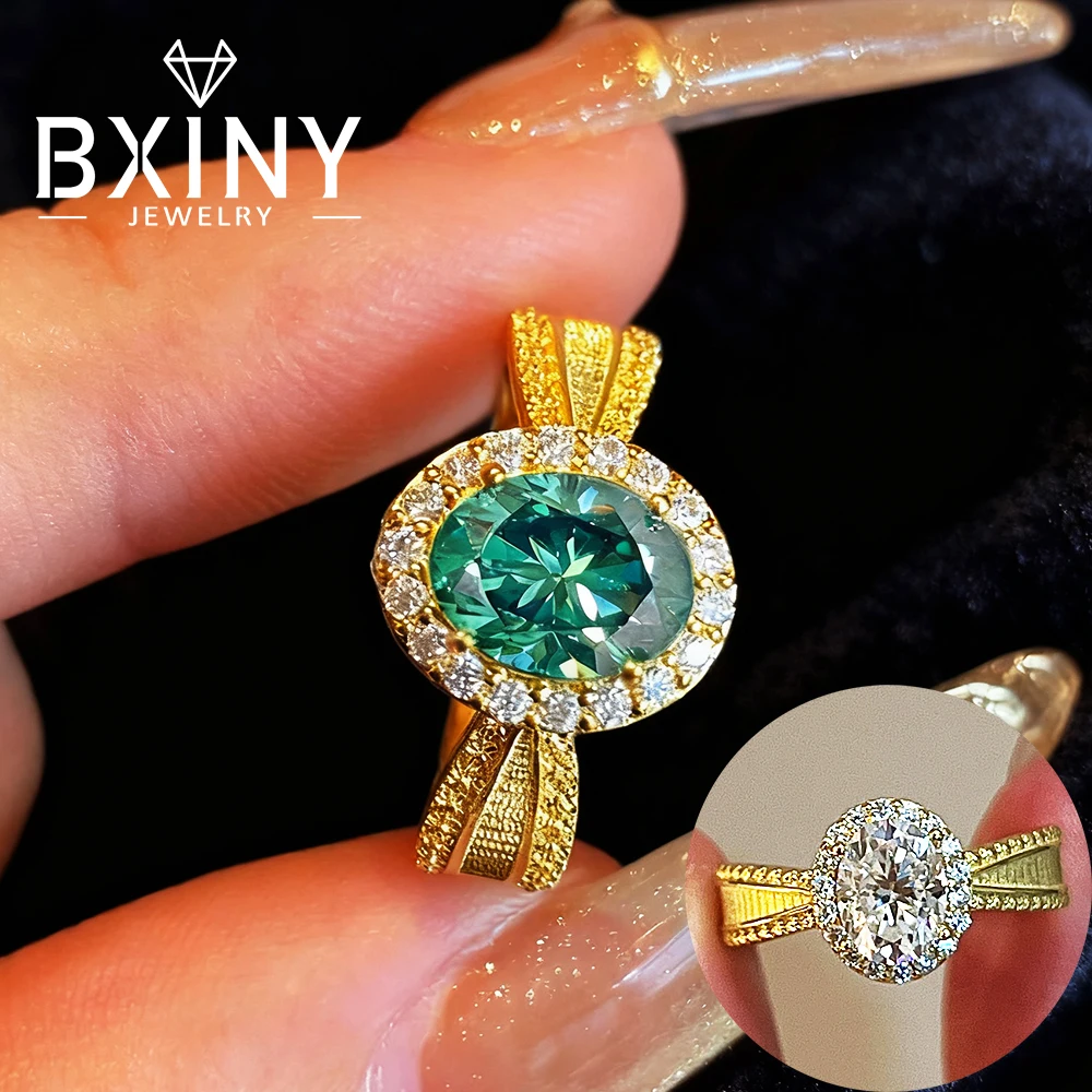 

BXINY 1.5CT Oval Cut Green Moissanite Ring S925 Silver Plated 18K Gold Certified Lab Diamond For Women Wedding Band Fine Jewelry