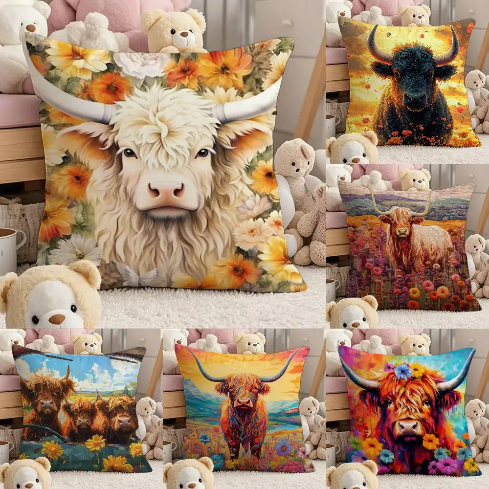 

Vibrant Highland Cow Pattern Pillow Case Comfort Sofa Bed Silky Elegant Invisible Zipper Custom Decorative Cushion Cover