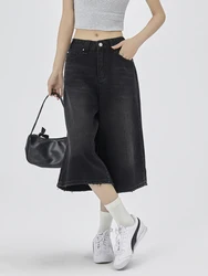 Short en denim noir baggy pour femme, pantalon capri à jambe large, jean longueur genou, court, streetwear rétro lavé, mode Y2K, 2024