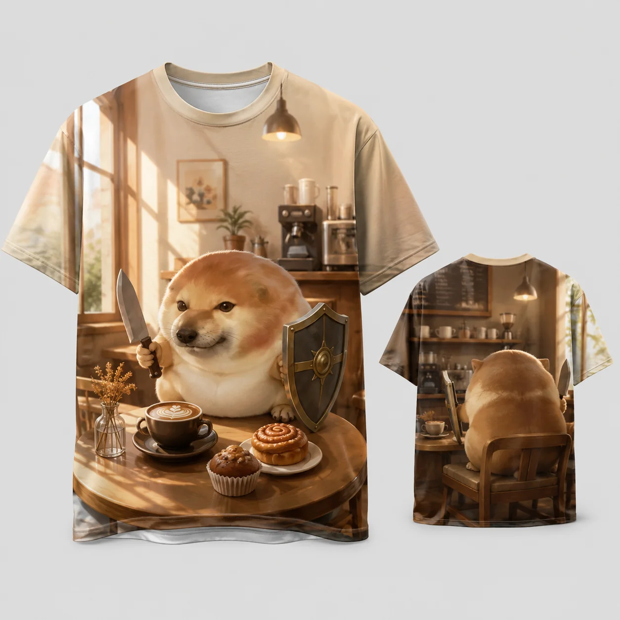 What the dog doing Funny Doge Coffee Cafe T Shirt Cute Shiba Inu Knife Shield Pastry Graphic Tee 3D Print Quick Dry Breathable
