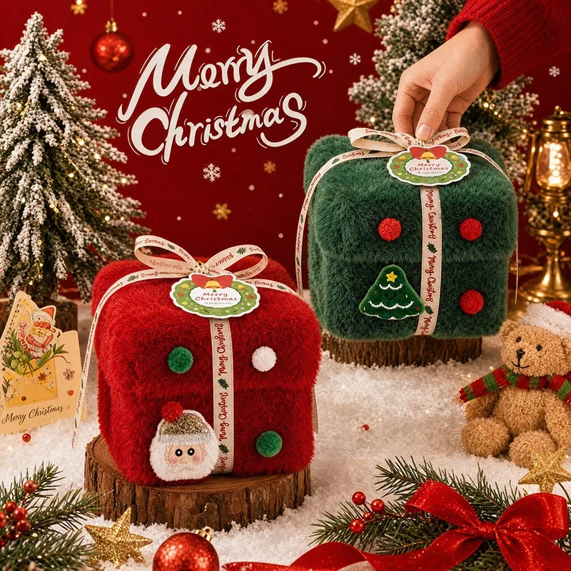 2Pcs Christmas Apple Gift Boxes, Thick Velvet Decorative Boxes for Christmas Eve Candy & Present Packaging