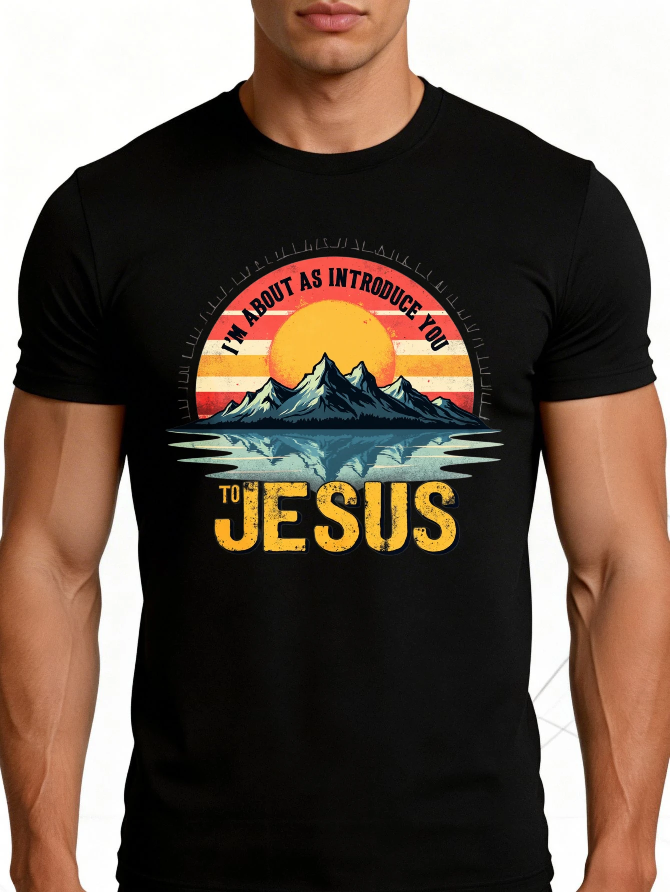 Vintage Style Men's T-Shirt with a Mountain Sunset and Jesus Text Design, Suitable for Casual Wear in Spring and Summer, Is the Perfect Gift for Religious Believers and Loyal Friends.