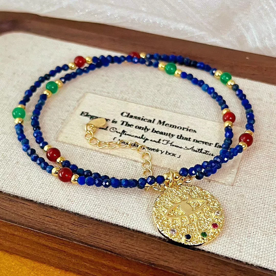 

New retro high-quality niche personality natural blue lapis lazuli micro-diamond pendant gold necklace design sense