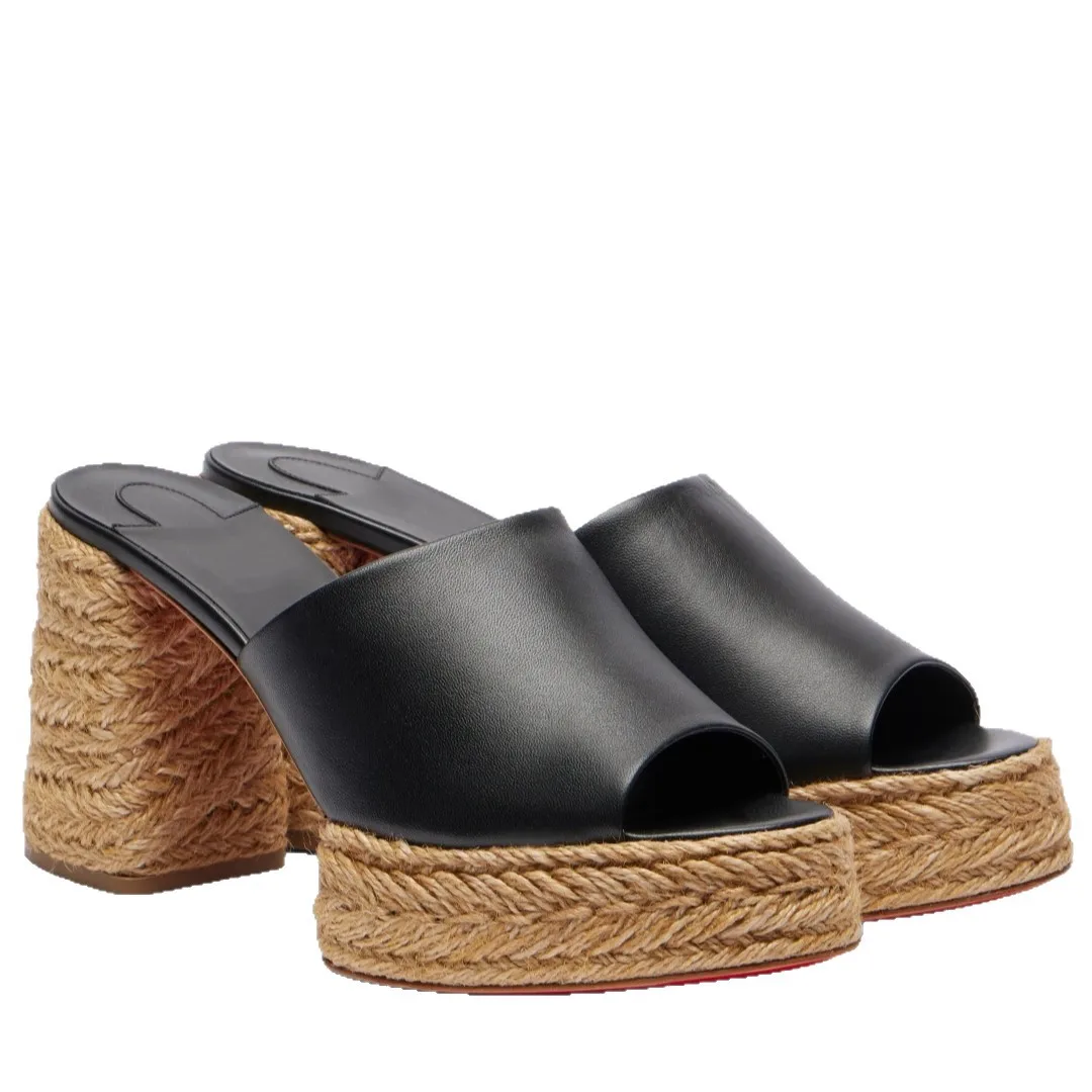 

Soft Leather Comfortable Thick-Soled Peep Toe Sandals Platform Straw High-Heeled Flip-Flops Slip-On Women's Outdoor Wear Shoes