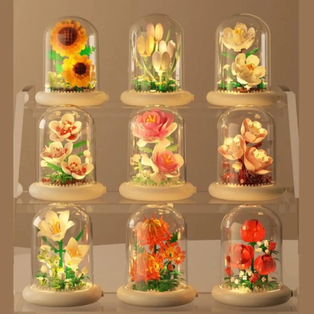

Flower Bouquet Building Blocks Plastic Plant Bonsai Battery Powered Building Toys Lighted Base with Dust Cover Desktop Ornaments