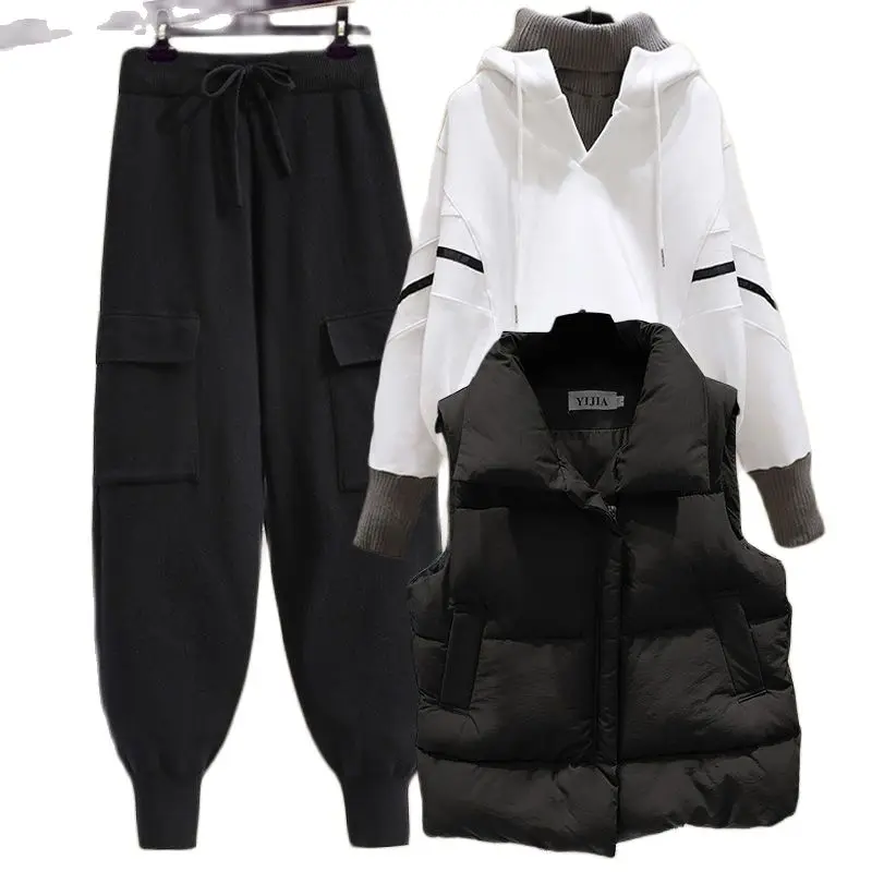 Women Winter Warm y2k Tracketsuit Vest Jacket Coat+ Sweatershirt And Knitted Pant Three Pieces Set High Street Outfit Snow Suits