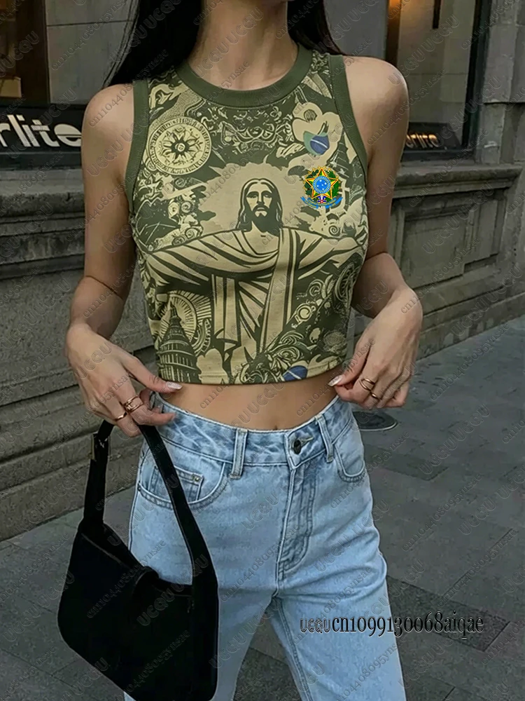 Summer Brazil Jesus Pattern Vintage Football Jersey For Women Outdoor Quick-drying Sports Tees Summer Street Crop Top Y2K Tops