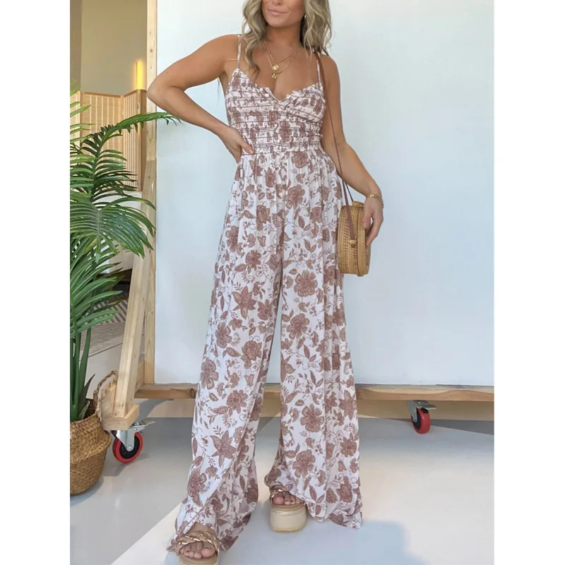 2024 New Fashion Women Jumpsuits Summer Slim Floral Printed Spaghetti Strap V Neck Elastic Waist Wide Leg Jumpsuit