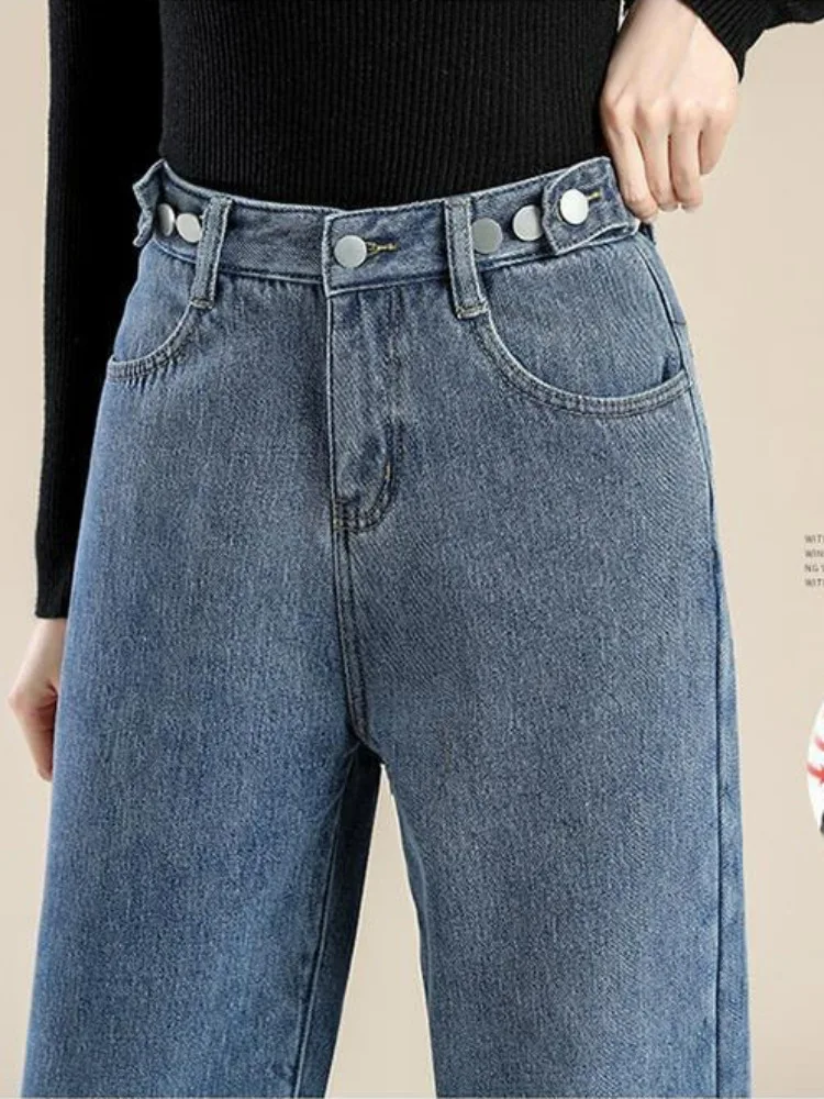 Jeans à jambes larges doublés en peluche pour femmes, taille haute, vêtements de neige baggy, velours ajouté, longueur de rinçage, épais, chaud, droit, hiver