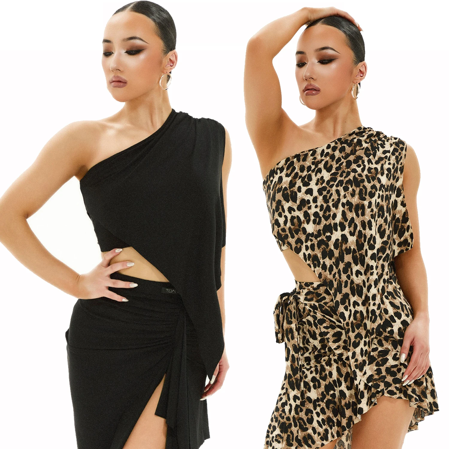 

2025 Women Latin Dance Costumes Practice Tops One Shoulder Leopard Print Tops For Spring Chacha Tango Samba Dance Wear DQL10642