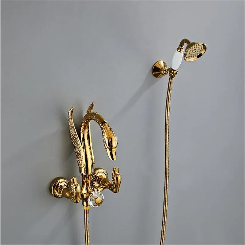 Tuqiu Gold Bathtub and Shower Faucet Set Wall Mounted Gold Swan Bathtub Faucet, Bathroom Cold and Hot Bath and Shower Mixer Tap