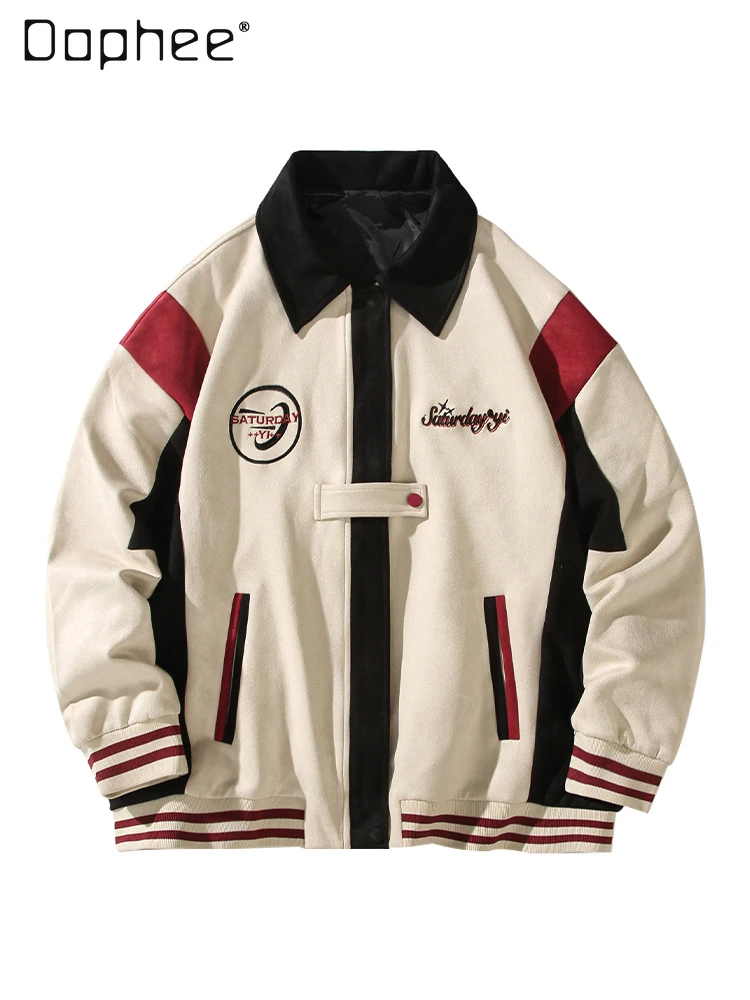 

Осень-зима 2023, новый американский ретро-стиль, черная замшевая куртка с вышитыми лацканами, мужская свободная повседневная бежевая стеганая куртка