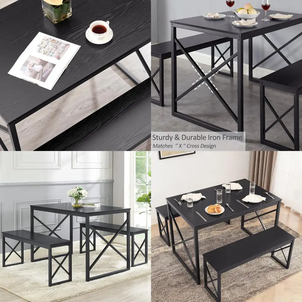 

Wooden Dining Set with 2 Benches, 4-Seat Metal Breakfast Nook for Small Spaces, Black